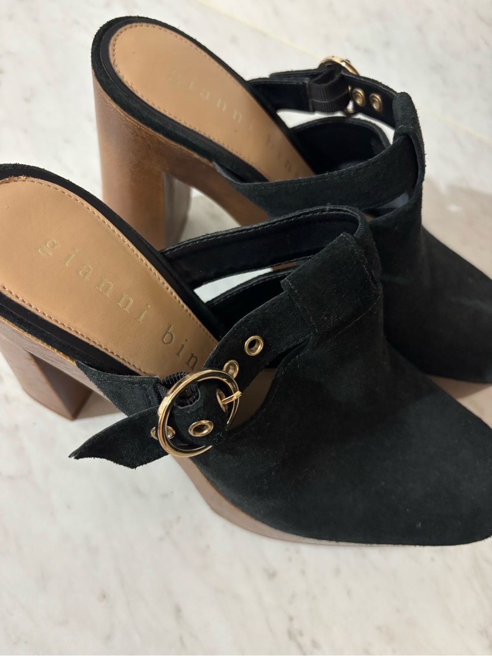 Gianni Bini Black Suede Slingback Mules with Gold Buckle